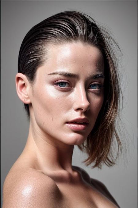(CR-AmberHeard-aicelebart:0.8), full color portrait of woman, (oiled shiny skin:1.0), face close up, (clean slick hair:1.3), nude, 
masterpiece, best quality, sharp focus, highres 8k uhd, ultra-detailed, rim light, deep grey background,