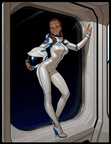 IllustriousQual, detailed face,
tall woman, milf, solo, thick build, long brown hair, hair pulled back, medium breasts, long legs, (muscular thighs:0.3),
flirty smiling, wearing a spacesuit and helmet, on a space station, posing in an airlock, view of blue planet out of window,
<lora:incaseIllustrious:0.8> incase style,