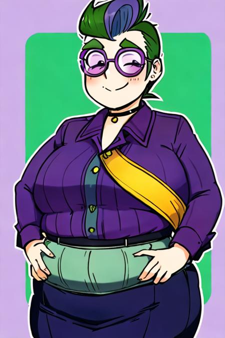 vidke, 1girl, solo, adult, green hair, pompadour, big nose, aquiline nose, purple clothes, small eyes, circular glasses, purple-tinted lenses, wide hips, chubby