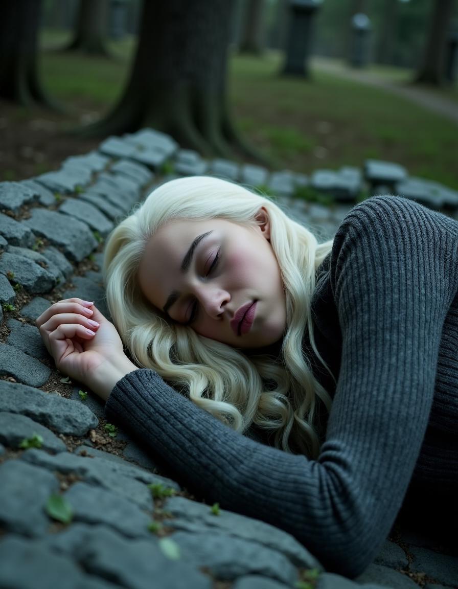 <lora:GOTemiliaClarkeQuiron_FLUX:1.7> GOTemiliaclarkeQuiron, a woman with white hair, Emilia clarke as Daenerys targaryen in hbo's 'game of thrones',   Taking a nap  at Cursed Cemetery