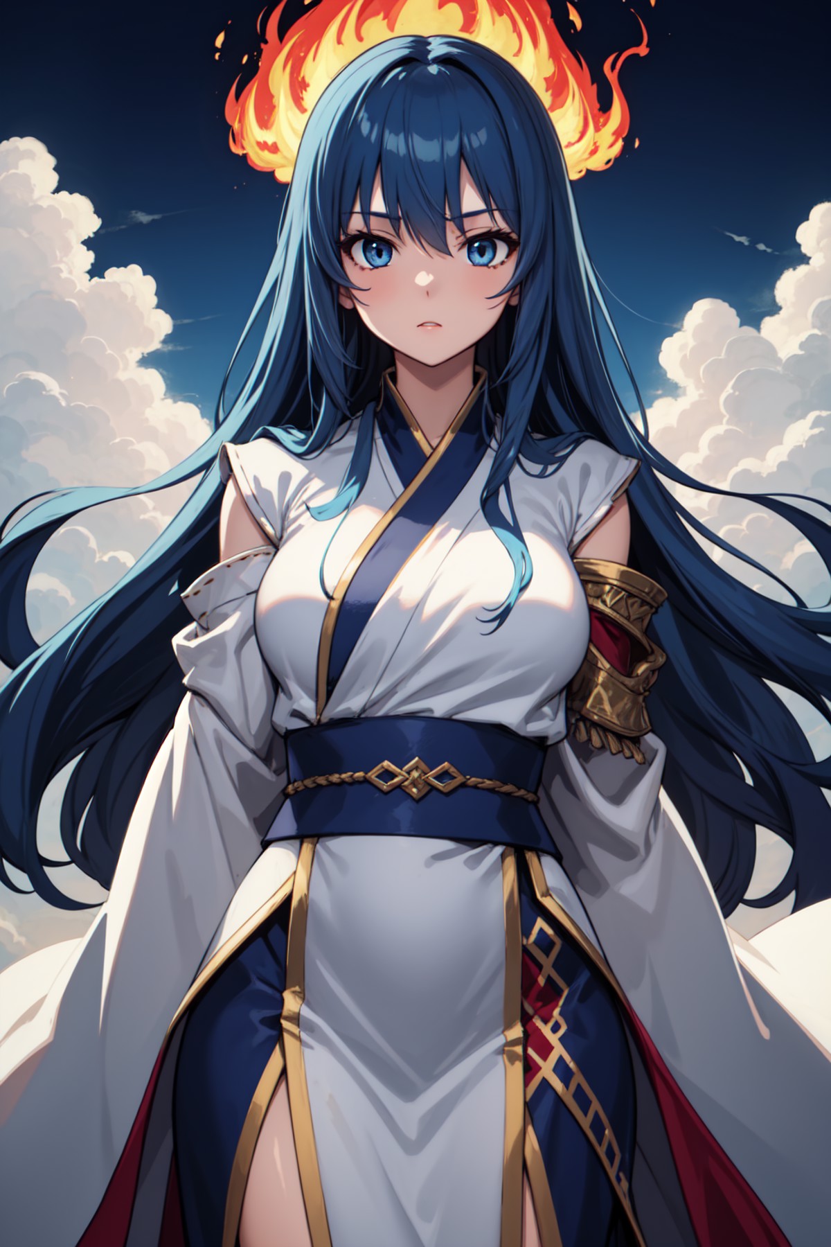 masterpiece, best quality, 1girl, long hair, blue hair, arms behind back, blue eyes, heavenly clouds, long wizard robe, fl...