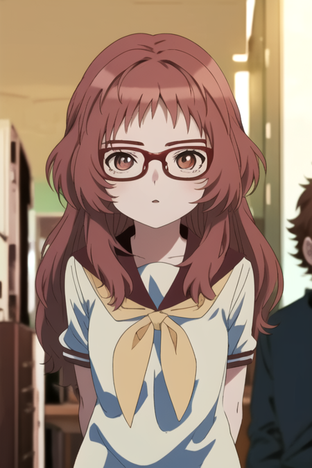 masterpiece, best quality, mie-san, red hair, looking at viewer,  glasses, school uniform, upper body, arms behind back, long hair,