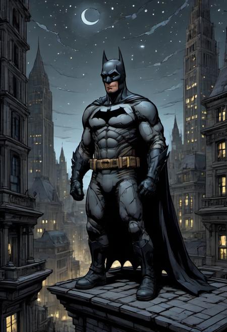 top-down vieww dynamic closeup of Batman the dark knight standing upright at night on a gothic building's roof overlooking Gotham under a black starry night sky