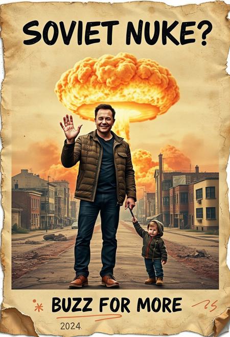 “A decayed, vintage-style poster from 2024, weathered and torn, depicting a surreal and apocalyptic scene in a contemporary setting. The faded image shows Elon Musk, dressed in modern clothes, standing with his young son. Musk holds his son’s hand with one hand while making an exaggerated ‘OK’ sign with his other hand, his wide, mad smile radiating an eerie and unsettling charm. In the far background, a massive nuclear mushroom cloud rises ominously, with fiery orange fireballs at its base and visible blast waves rippling through the urban landscape. The scene is set in a desolate, abandoned city, with ruined buildings and empty streets. The poster’s bold text, ‘SOVIET NUKE?’ across the upper section and ‘BUZZ FOR MORE’ in the lower section, is faded, smeared, and inked with scribbles and stains. The paper appears rotten, with tears, creases, and discolored edges, contributing to the haunting, post-apocalyptic atmosphere of the piece.”
