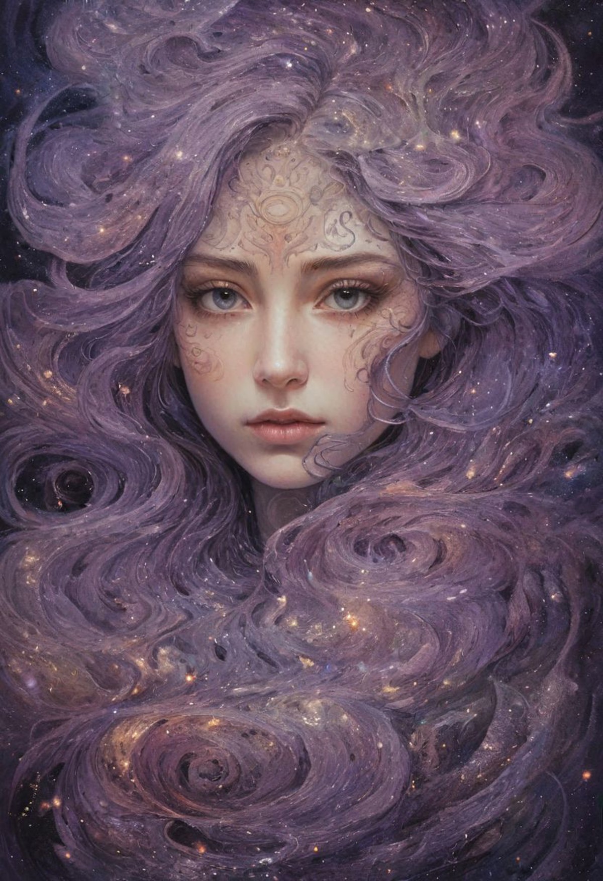 celestial being woman's portrait with dark purple eyes, swirling galaxies, nebulae, intricate cosmic details, cosmic eyes,...