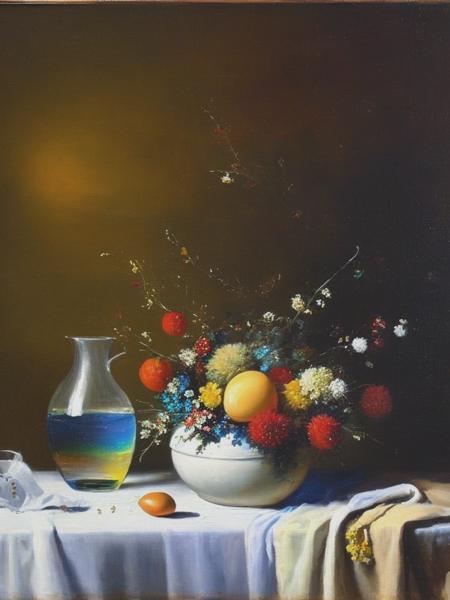 <lyco:Jean-BaptisteSimeonChardin:1.0> a recently discovered 18th century still-life oil painting in the granular impasto style of Jean-Baptiste-Simeon Chardin. Water glasses, water bottles, dry flowers, eggs, cloth, light from open window on the left, reflections on the wet wall, rainbow, mist. This is an oil painting, thick visible paint textures rendered by a palette knife, the paint appears to be coming out of the canvas. Atmospheric, luminous, polychromatic.