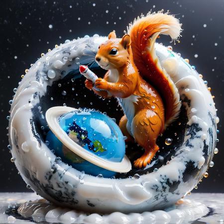 (Liquid Marble Planet): "Astronaut made of Liquid Marble  floats toward a Liquid Marble black hole, surrounded by Liquid Marble drops and water sprinkles." (masterpiece, best quality), In a squirrels made of Liquid Marble exchange small souvenirs in the shape of hearts, happily chirping and pointing at their gifts.