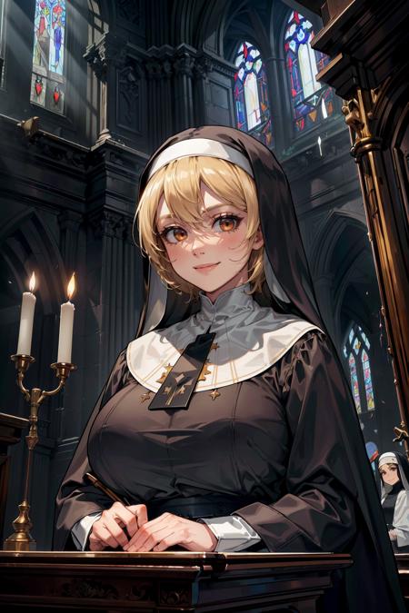 (highres,absurdres,incredibly absurdres,huge filesize,Volumetric Lighting,moody lighting, intricate details, ultra details, best quality, ultra quality),
(church, candles, dark environment, colored glass, sunrays through the colored glass),
(1girl,nun, blonde hair, brown eyes, smiling)