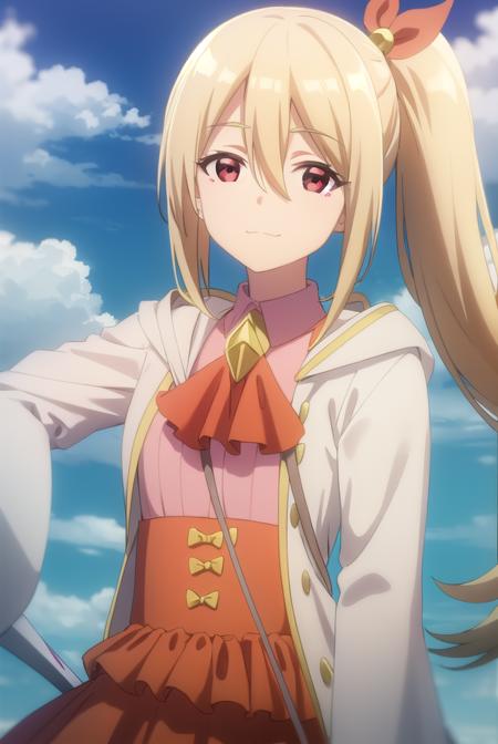 frederica, long hair, bangs, blonde hair, (red eyes:1.3), bow, hair between eyes, hair bow, ponytail, side ponytail, skirt, long sleeves, dress, jacket, open clothes, wide sleeves, coat, ascot, white jacket,
