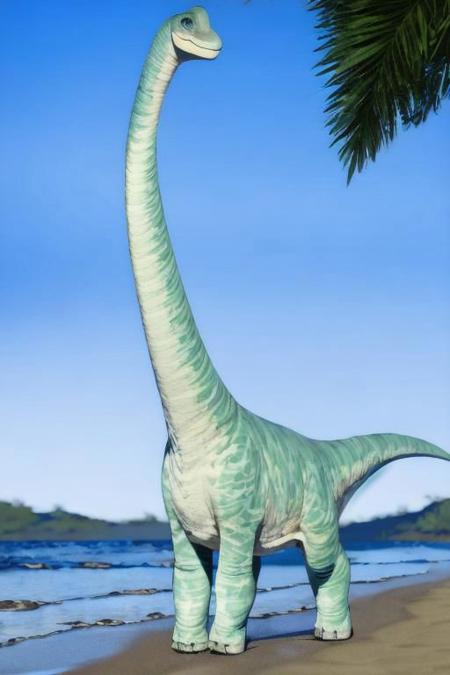 ((masterpiece,best quality)),best res,,good anatomy,ultra cute face,,smiling,extremely detailed face,4k,happy, upper body,,detailed eyes,,beautiful,smiling,,cute,very cute,, solo,, smile, tail,,full body,upper body,brachiosaurus,,middle of a beach,,