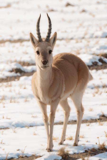 no humans, tibetan gazelle, horns, realistic, outdoors,  snow,    <lora:tibetan_gazelle_v1:0.72>