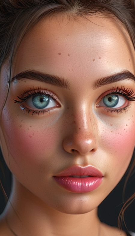 (cel-shading:2)+, Hyperrealism,
Portrait of a beautiful gorgeous, stunning unique female character, cute, tan, bangs, freckles,striking bright large ruby eyes filled with joy and excitement, extravagant eyelashes, aligned eyes, (extra long lashes:2), making this image a masterpiece of photography and digital art. Style: realistic hyper-detailed rendering, 32k UHD, expressive eyes, punk, graphic design, pink, girl's face, side view, pretty and cute, petite, gleaming lips, white skin, telling a tale of adventure. Exuding confidence and serenity., ears,
trendy portrait, tender neck, tender Aesthetic nose, tender beauty, ears, puffy lips, sensual lips, pouty lips, detailed texture, detailed eyes, detailed skin, clean skin,
<lora:Someplastic_b:0.7>, (ultra sharp focus:1.8), (detailed skin:1.8), (thin lines:1.8), (best quality:1.8),
<lora:Apparatus_-_Traction_City_Walkers_Vehicles:0.7>,
<lora:glowneon_xl_v1:0.8>,