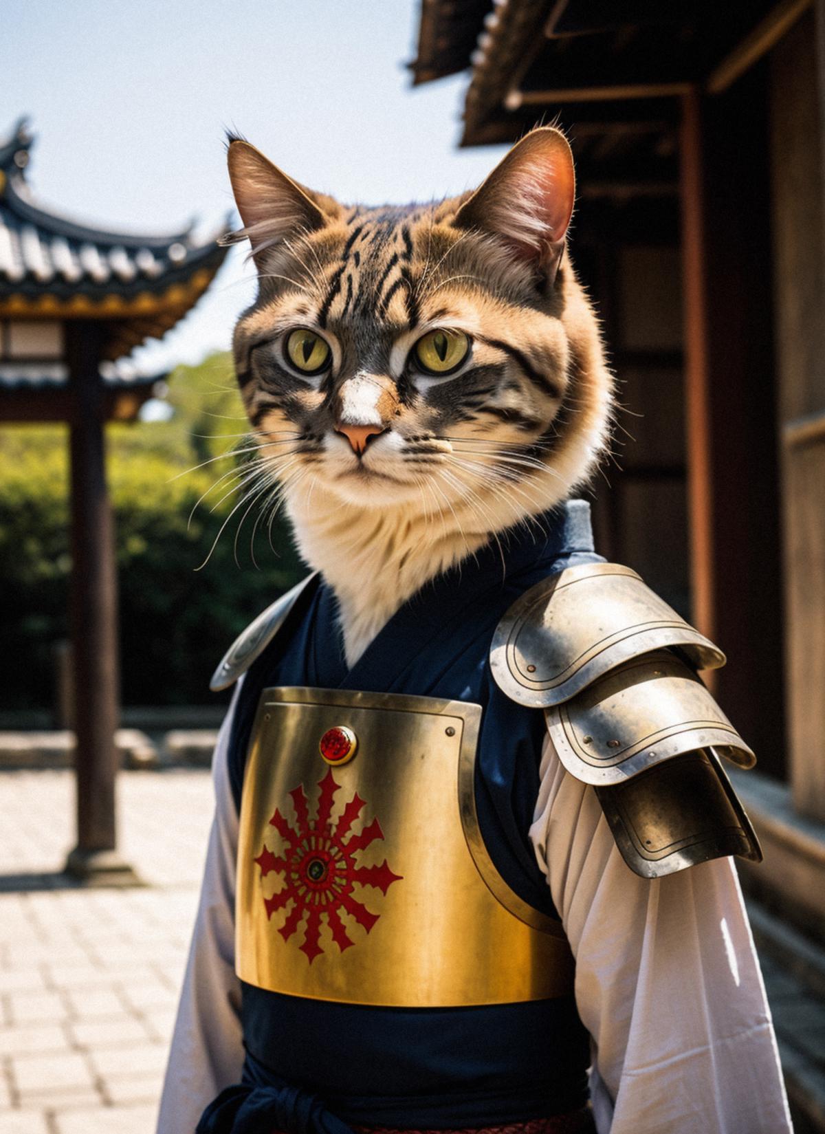 A cat wearing a gold armor with a sun emblem on its chest.