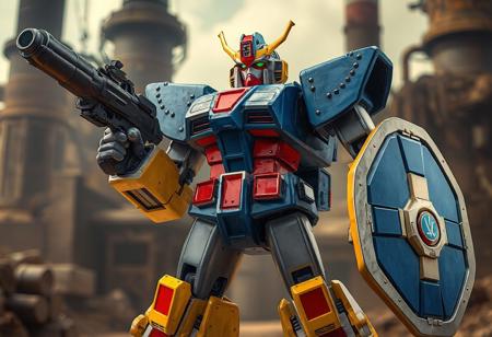 The Coach Captain Bearman robot stands proudly against an Ancient Gear Factory backdrop, exuding an aura of readiness. This blue, gray, and yellow robot, with red and gold accents, holds a large gun in its right hand and a shield in its left, symbolizing protection. The dynamic action pose, sharp lines, and vibrant colors showcase the robot's intricate details, from its super-detailed face and clothes to its handcrafted precision. This 4K image, with its captivating lighting and balanced editing, captures the robot's lifelike details and vivid emotions, making it a stunning piece of art.