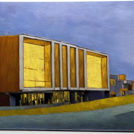 An oil painting of a brutalist building in the style of van gogh