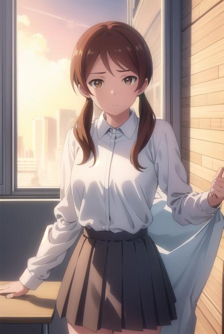 himaritakanashi, <lora:himari takanashi s1-lora-nochekaiser:1>,
himari takanashi, brown hair, twintails, (brown eyes:1.3), low twintails,
BREAK skirt, shirt, school uniform, white shirt, pleated skirt, brown skirt,
BREAK indoors, classroom,
BREAK looking at viewer, (cowboy shot:1.5),
BREAK <lyco:GoodHands-beta2:1>, (masterpiece:1.2), best quality, high resolution, unity 8k wallpaper, (illustration:0.8), (beautiful detailed eyes:1.6), extremely detailed face, perfect lighting, extremely detailed CG, (perfect hands, perfect anatomy),