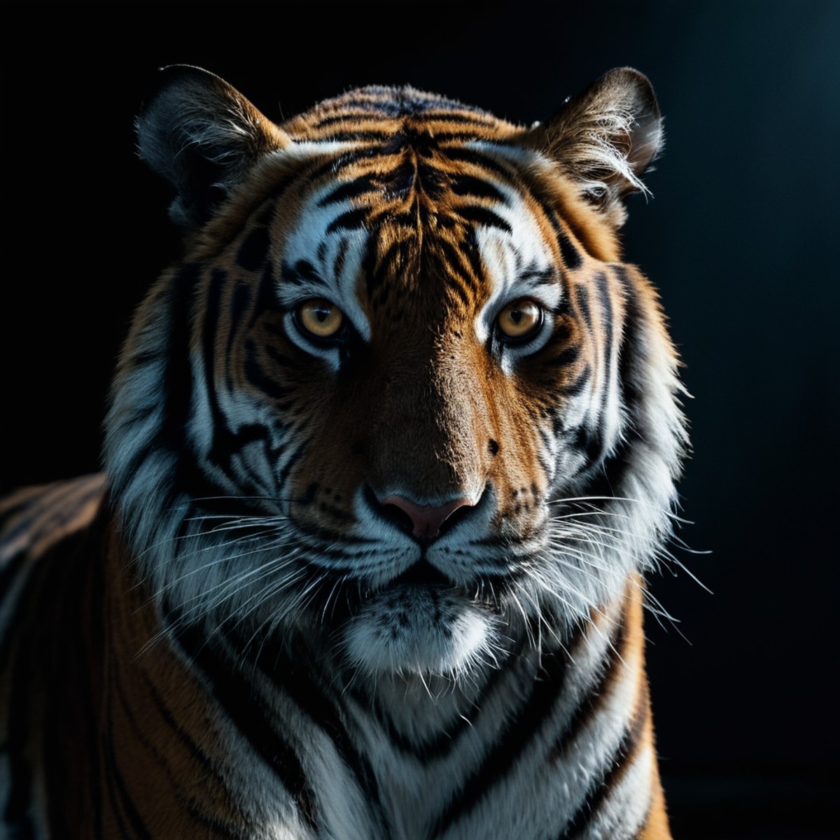 cinematic film still of  <lora:Split Lighting Photography style:1>
Split Lighting Photography of a tiger in a dark room pa...