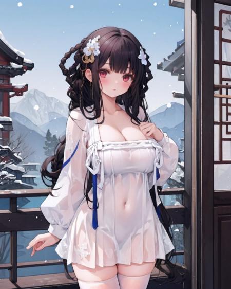 1girl,solo,
yatsen,standing,cowboy shot, hand on own chest, 
large breasts, white dress,town,snowing,cleavage, white thighhighs, 
,  <lora:YatSenV3r[yatsen,white dress,white thighhighs]:1>