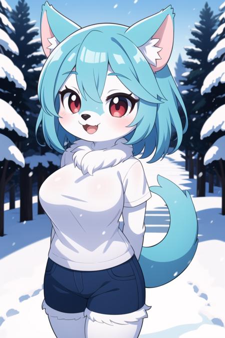 masterpiece, best quality, ultra detailed, anime style, 1girl, young, cute, (furry:1.4), (white skin:1.05), medium hair, blue hair, red eyes, (white fur:1.18), (blue fur:1.02), frost beast, (large breasts:0.76), short pants, (t-shirt:0.82), outdoor, snow path, warm colors, beautiful face, happy