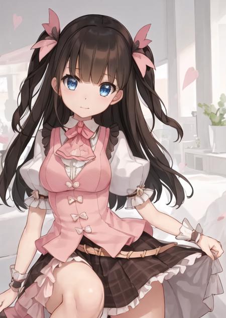 <lora:lovely:0.55>, (((masterpiece))), (((best quality))), ((ultra-detailed)), (illustration), (1 girl), (solo), ((an extremely delicate and beautiful)), little girl, ((beautiful detailed sky)), beautiful detailed eyes, hairs between eyes, ribbons, bowties, buttons, bare shoulders, (small breast), blank stare, close to viewer, ((breeze)), Flying splashes,  Flying petals, wind, brown hair, blue eyes, hair ornament, nsfw, skirt lift,