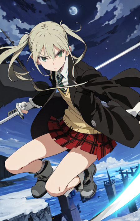 maka albarn, green eyes, blonde hair, medium hair,  twintails, school uniform, plaid red skirt, coat, long sleeves,striped necktie, white gloves, boots holding weapon, straight stick,weapon, scythe, moon, blue glowing