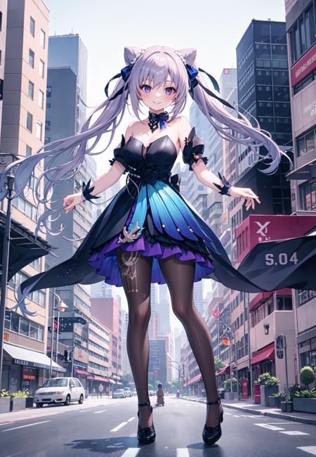 masterpiece, best quality,shiny,chromatic aberration abuse,pastel color,wide shot, full body,
1girl,solo, twintails, cone hair bun, fake animal ears, double bun, hair ornament, purple horns, smile,
outdoors,cityscape, street,city light
 <lora:outfitkeqing-000007:0.8>,strapless two-tone dress,pantyhose,