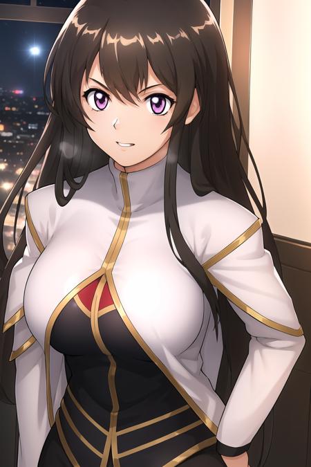 (Night:1.7), Japan, Tokyo, CityView, Before Window,
Standing at attention,
military, military uniform,white jacket,Black and red shirt ,black pants,
<lora:Maria_Owens_Gundam-KK77-V1:0.7>,
long hair,bangs, brown hair,purple eyes,
1 girl, 24yo,mature female,Beautiful Finger,Beautiful long legs,Beautiful body,Beautiful Nose,Beautiful character design, perfect eyes, perfect face,
looking at viewer, in the center of the image,(Upper_body),(close-Up),(Focus on her face),
NSFW,official art,extremely detailed CG unity 8k wallpaper, perfect lighting,Colorful, Bright_Front_face_Lighting,
(masterpiece:1.0),(best_quality:1.0), ultra high res,4K,ultra-detailed,
photography, 8K, HDR, highres, absurdres:1.2, Kodak portra 400, film grain, blurry background, bokeh:1.2, lens flare, (vibrant_color:1.2)
(Beautiful,large_Breasts:1.4), (beautiful_face:1.5),(narrow_waist),