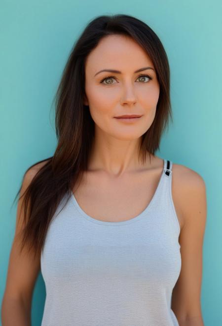 A realistic portrait of a young woman with long, dark brown hair, slightly tousled and cascading over her shoulders. She has a relaxed and slightly tilted pose, gazing past the camera with a soft, thoughtful expression. Her makeup is minimal, emphasizing natural beauty with a hint of dark eyeliner. She wears a light gray tank top with thin straps that subtly highlight her collarbone and shoulders. The background is softly blurred with a light teal wall, suggesting an indoor setting. Lighting is soft and natural, creating a gentle contrast that adds depth to her features while casting subtle shadows. The image is framed from the shoulders up, with the focus on her face and upper body, capturing a casual and introspective mood.
realistic, dankw, glasses
