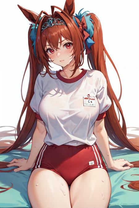 <lora:daiwa_scarlet:1> daiwa scarlet, thighs, brown hair, white background, tail, animal ears, hair intakes, tiara, very long hair, long hair, 1girl, twintails, solo, looking at viewer, white shirt, large breasts, shirt, horse tail, buruma, horse girl, red eyes, sitting, sweat, horse ears, blush, gym uniform, gym shirt,  simple background, red buruma, short sleeves