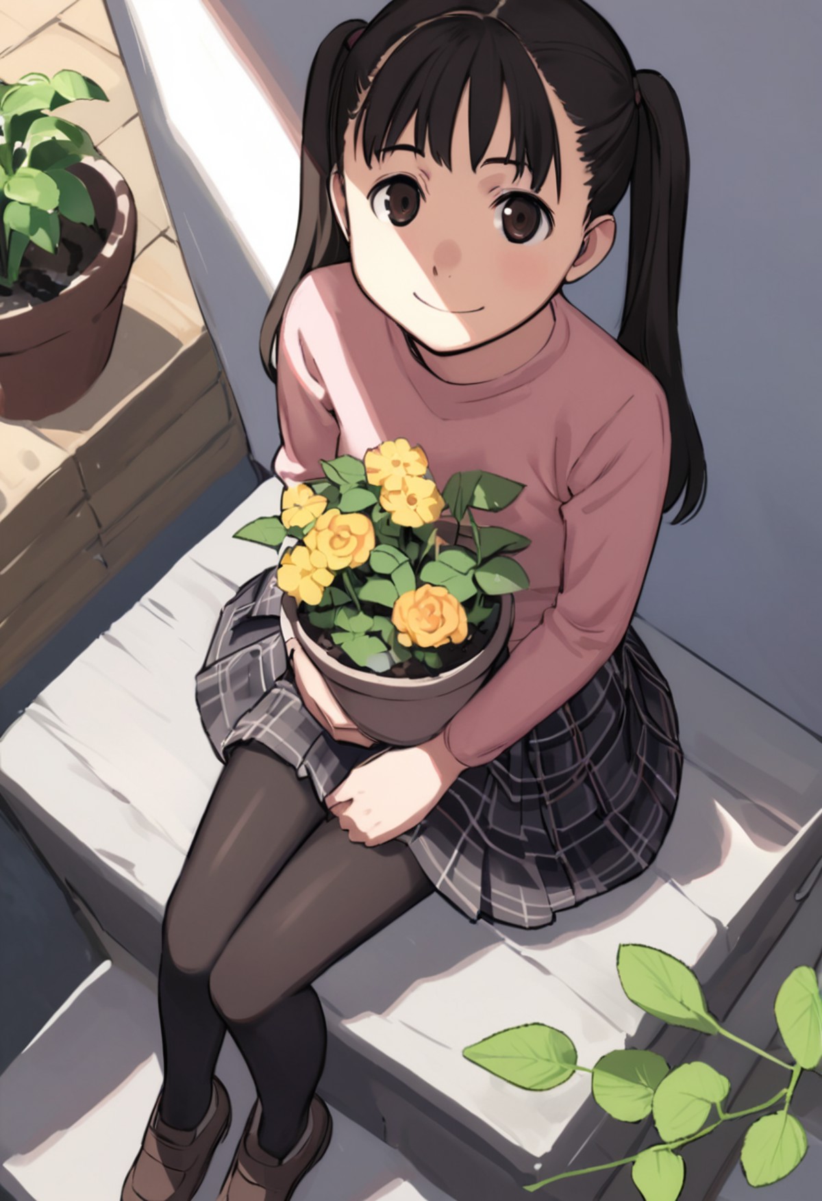 <lora:comiclo_a31:1>,1girl, solo, pantyhose, sitting, flower, skirt, twintails, sitting on stairs, from above, black eyes,...