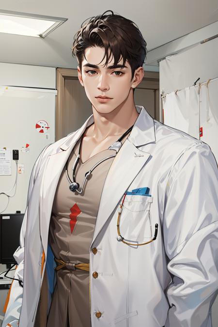 (absurdres, highres, ultra detailed, realistic, ), 1 male, solo, adult, mature, tall muscular guy, broad shoulders, handsome, very short hair, black hair, brown eyes, angular jaw, thick neck, thick eyebrows, hospital room, Doctor, white gown, white coat, upper body