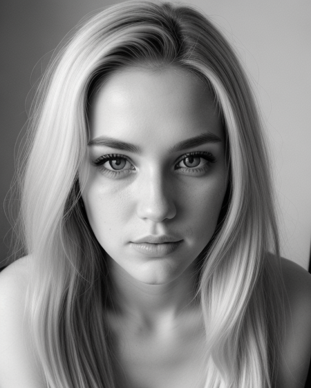 b&w, instagram photo, portrait photo of 26 y.o blonde woman, perfect detailed eyes, natural skin, hard shadows, film grain