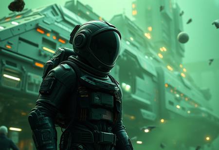 A cinematic shot of an alien astronaut in a vibrant metallic black spacesuit standing in the foreground, with a massive, spacecraft as the backdrop. The spacecraft is adorned with numerous lights, windows, and technical details. The astronaut's suit is equipped with various gadgets and patches. The atmosphere is filled with floating debris and a hazy chartreuse glow
