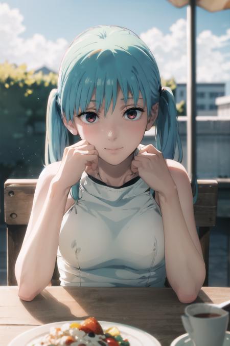 masterpiece, best quality,1girl,twintails,teal hair,white dress,big breasts,outdoors, food,<lora:Loha:0.8>,chainsawman,<lora:povAcrossTable_v008Beta:0.8>,pov across table, table, pov hands,overexposure, bokeh, atmospheric lighting, outdoors, light particles, glow, shiny, sky, light rays,small breasts