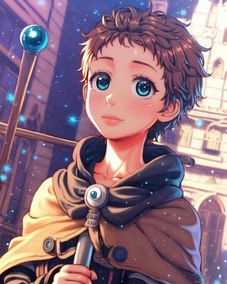 Ninya, brown hair, short messy brunette, teal eyes, adventurer's outfit, staff, cloak, boots, pouches, tomboy, anime