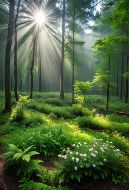 sunlight, nature, outdoors, scenery, flowers, rain, delicate forest grove, wild nature, picturesque scenery, enchanting sunrays, beautiful sky, majestic landscape, pristine vegetation, high quality, sharp focus. ultra detailed, vivid colors,