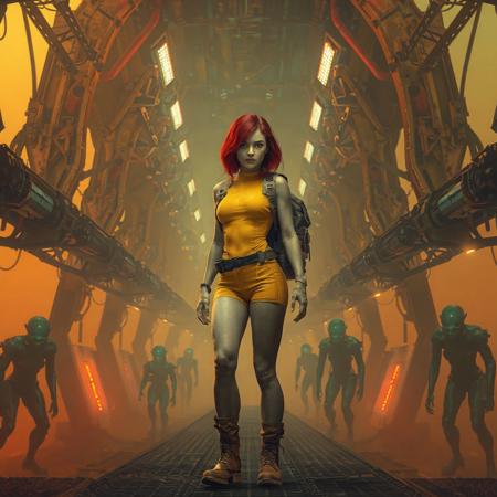 hyper-realistic, other world, futuristic technology, thick fog, otherworldly ambiance, lights, beams, vibrant chromatic-red rust highlights, metal architecture, stark contrast, mechanical elements, themes of dark arts, horror watchers, control, gradient background, yellow to orange to teal, warm-uncomforting blend, solitary traveller, red hair, hypper detailed beautiful women wearing skin tight yellow body suite and backpack boots and shorts, facing the viewer, facing forward, in a defensive pose, intricate paths, resilience, highly textured surfaces, wear, aged, detailed green 6 foot sleestaks in the background fog and all around in the shadows, 3D Game Cinematic Feel, Epic 3D Videogame Graphics, Intricately Detailed, 8K Resolution, Dynamic Lighting, Unreal Engine 5, CryEngine, Trending on ArtStation, HDR, 3D Masterpiece, Unity Render, Perfect Composition