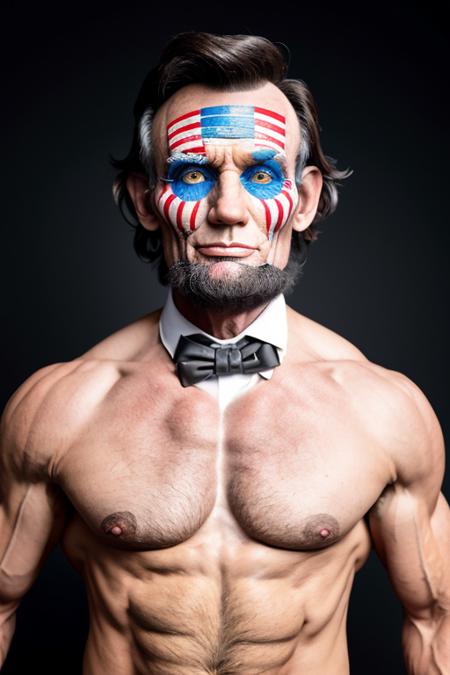 promotional photo of (abraham lincoln:1.0) as (u1t1m4t3w4rr10r:0.9), (facepaint:0.2), hasselblad h6d-400c 1.4