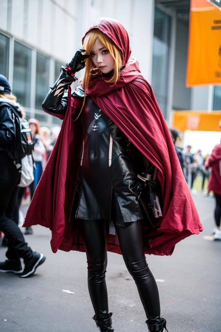 masterpiece, best quality, <lora:cp29:0.9>,crowd,cosplay,1girl,torn clothes,cloak,hood up,bodysuit