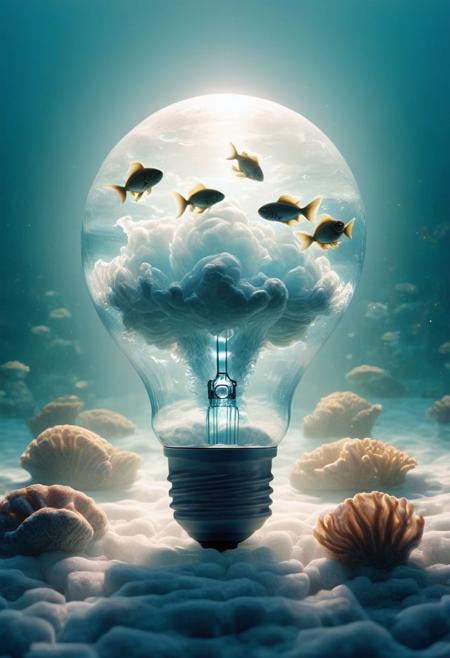 (best quality, 4k, 8k, highres, masterpiece:1.2), ultra-detailed ,illustration, a light bulb with a half on water and fishes sea creatures inside of it and the mystical energy comes out and radiates light around