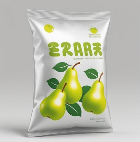 A foil bag sits on a clean, neutral background. The bag is designed to hold pear juice and is sealed tightly. The design on the bag is minimalist but eye-catching, featuring stylized vector illustrations of pears and the words "Pear Juice" prominently displayed. The color scheme is a mix of greens and yellows to represent the freshness of the pears. The lighting is soft but focused, highlighting the bag and its design elements. The overall style should be simplistic, leaning towards flat vector art for the illustrations. The bag itself should have a slight shine to it, indicative of its foil material. The focus is sharp, making every detail of the bag and its design clear. Medium: Digital Photography. Style: Minimalist with vector art influences. Lighting: Soft, diffused lighting with a focus on the bag. Colors: Greens and yellows with a neutral background. Composition: Centered, with the bag taking up the majority of the frame. Use photo hyper-realism, highly detailed, and high-resolution,<lora:twdrink:0.6>