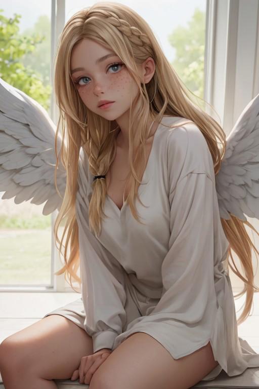 (masterpiece), best quality, expressive eyes, perfect face, long hair, braided blonde hairstyle, sitting, freckles, large angel wings, angel