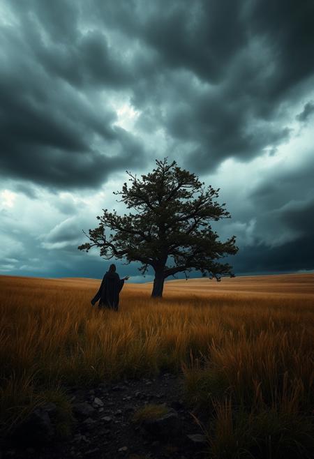 A high-resolution, dramatic photograph of a lone tree standing in the middle of a golden field of tall, swaying grass. Above, dark, stormy clouds dominate the sky, with a break in the clouds allowing a glimpse of light to shine through, creating a striking contrast between the dark sky and the illuminated landscape. The scene is moody and atmospheric, evoking a sense of impending storm and the beauty of nature's raw power. The tree, with its gnarled branches and dark leaves, stands as a focal point against the vast, turbulent sky. raw movie poster, (masterpiece, best quality:1.5), atmospheric and moody weather, sky partially obscured by dark swirling clouds, desolate heath at twilight, with storm clouds swirling overhead, ground is rough and muddy, scattered with jagged rocks, in the dim light, you see a shadowy figure standing in a dark tattered cloak, robes billowing in the wind, mysterious silhouette, dramatic lighting, ominous atmosphere, in the style of gothic art, visually captivating composition, incorporating the moonlight to create a hauntingly beautiful ambiance, contrasting shadows, extremely detailed