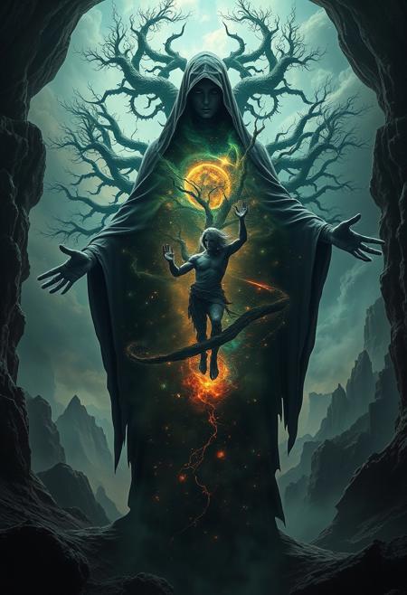A universe inside a dark cloaked figure within mysterious landscape in an unfathomable realm of fantastic creation inhabited by ancient shadows of a forgotten time beyond the gate of the gateless gate where life is limitless, light is shadow and shadow is light, eerie sense, horror, spark of the beginning, existence and nonexistence at once, ethereal, outstretched arms, behold the end of the beginning, inglorious glory to the dark one, betrayal of the ancient order, beware the 7headed beast, destroyer of the old ways, bearer of the unbearable, nightmarish, archaic runes, tree aging backwards, breath of the gods, ruins of a place unimagined, extreme intricate detail, photorealistic, beyond epic scene, fate discarded, unseeable face of god, the end is the beginning, the beginning is the end, man arises as god dies, as above so below, as below so above, emerald tablet, thoth, guardian and saboteur of existence, hopeless hope, ghosts of the unborn, conception of the inconceivable, cosmic well of imperceptible perception, evil aura, infinite emptiness, pillars of void, overwhelming subtlety, abstract sacred geometry, beams of readiness without intention