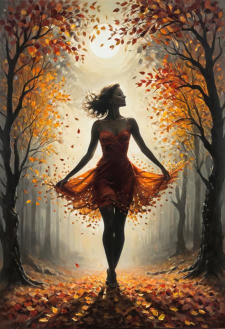 An exquisite oil painting on canvas that captures the essence of autumn with a stunning, intricate portrayal of a young woman's figure. The leaves, painted in rich, vibrant shades of red, orange, and yellow, are artfully arranged to form the silhouette of a woman. The leaves dance in the wind, creating a dramatic effect with their fluid, expressive movements. The artist's skillful use of Metchley oil and alcohol ink results in a highly detailed masterpiece that showcases the beauty of nature and the strength of the female form. The high definition of the painting allows for the fine details to be appreciated, making it a truly captivating work of art., painting. highly detailed and hyper realistic photo, by Alena Aenami , by Archibald Thorburn , by Daniele Afferni , in the style of  monochromatic silhouette reflection,  limited dark palette, unusual dark colors, faded colors, atmospheric haze, highly dramatic cinematic lighting, motion blur, film grain,  professional, excellent composition, finest details, maximized details, ultimate detail level, masterpiece, best quality