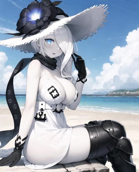 anime, elegant, sexy, hdr, exquisite cover art, explicit, digital art, (from side, hands up, sitting:1.2), ssprincess, seaport summer princess, abyssal ship, shinkaisei-kan, 1girl, white skin, colored skin, pale skin, (extremely long hair:1.1), white hair, hair over one eye, cleavage, huge breasts, sundress, sleeveless dress, sun hat, hat flower, black scarf, black gloves, armored boots, thigh boots, nice hands, beach, blue sky, <lora:GoodHands-vanilla:1>