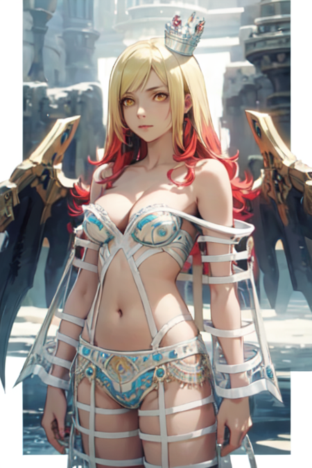 MateriaFF, 1girl, solo, long hair, blonde hair, red hair, two-tone hair, yellow eyes, navel, cleavage, bare shoulders, medium breasts, wings, crown, 