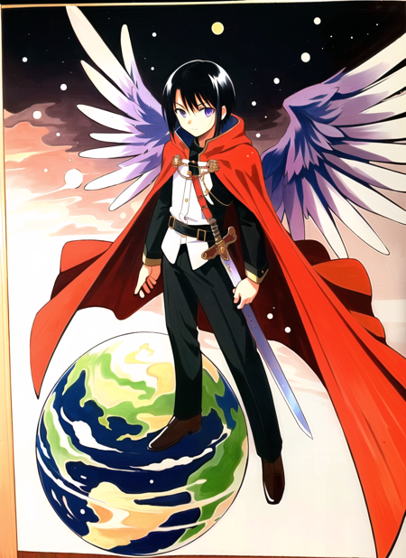 akamatsu ken <lora:akamatsu_ken_offset:1>,  masterpiece, best quality, 1boy, arm across chest, black clothes, black hair, cloak, closed mouth, demon wings, earth (planet), light particles, long sleeves, looking at viewer, male focus, planet, purple eyes, red cloak, solo, sword, traditional media, uniform, weapon, wings