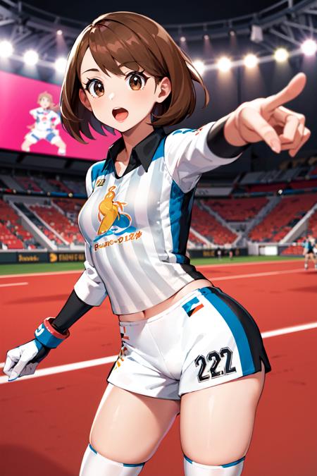 masterpiece, best quality, highres, gloria2, 1girl, solo, brown eyes, brown hair, single glove, gloria \(pokemon\), bangs, collared shirt, white socks, white shorts, short hair, partially fingerless gloves, short shorts, kneehighs, striped shirt, bob cut, print shirt, vertical stripes, eyelashes, <lora:gloria_(pokemon)_v1:0.6>, cowboy shot, stadium, pointing_up, open mouth,