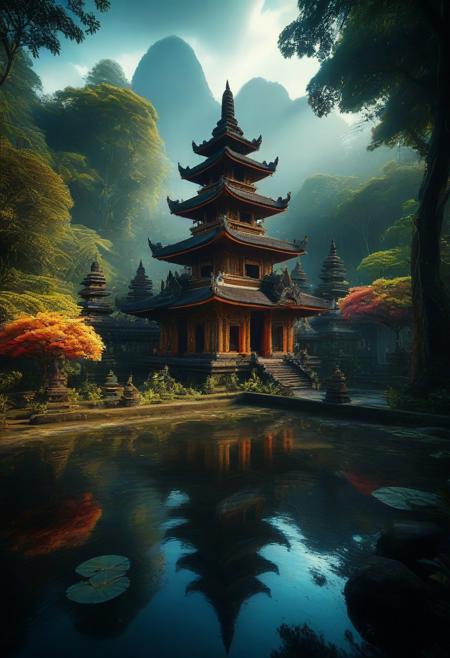 Create a photorealistic image of an Indonesian temple areal, a rich and complex image of nature and architecture, a vibrant tissue of hues and textures captured digitally, best quality, double exposure, realistic, captivating, fantastical, splash art, intricately detailed, hyper detailed, maximalist style, photorealistic, concept art, sharp focus, harmony, serenity, calm, mysterious glow, dynamic lighting, masterpiece, superb composition, finest details, highest aesthetics, strong muted highlighter,  mystical glow, best quality, sharp focus, high contrast, stylized, clear, colorful, ultra quality, 8k, best quality, masterpiece,midjourneyv6.1